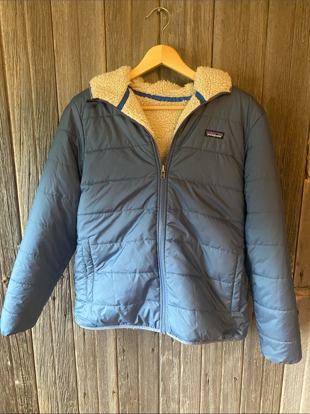 Patagonia Blue Reversible Puffer Jacket with Cream Sherpa Lining